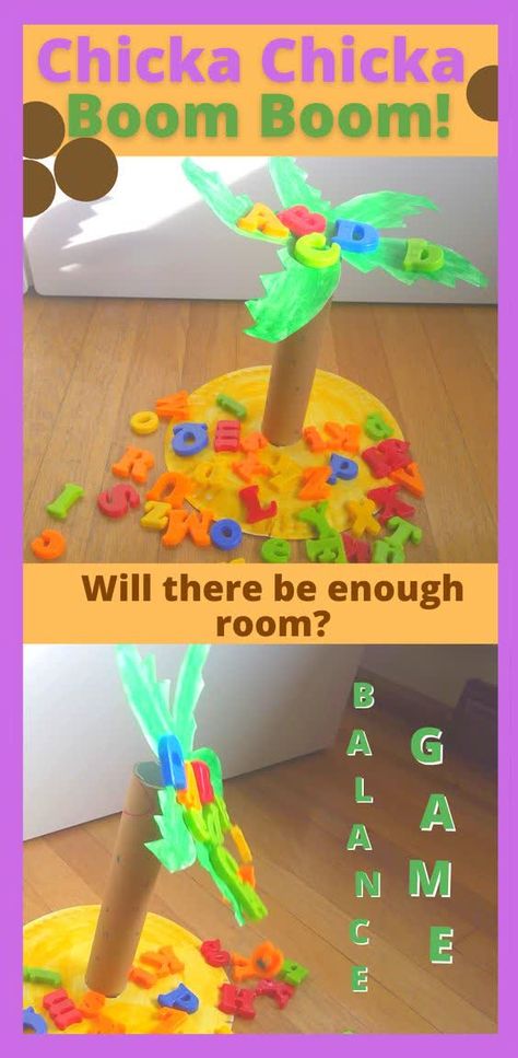 My Preschooler and Kindergartener loved playing this DIY Balance and Letter recognition game based on the classic book Chicka Chicka Boom Boom. Click for a detailed how-to and play ideas plus my ten favorite Chicka Chicka Boom Boom activities from around the web including art projects, crafts, coloring pages, sensory bins, and more! Balance Games, Chicka Chicka Boom Boom Activities, Letter Recognition Games, Lois Ehlert, Children's Book Week, Alphabet Letter Activities, Early Childhood Literacy, Chicka Chicka Boom Boom, Alphabet Recognition