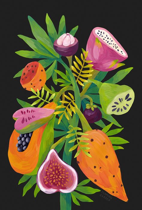 exotic fruit, exotic fruit illustration, fruit painting, fruits painting, tropical fruits painting, illustration, papaya illustration, food illustration, food painting, flaming garden Papaya Illustration, Fruits Painting, Illustration Fruit, Painting Tropical, Tropical Art Print, Gouache Illustrations, Food Painting, Gouache Art, Conceptual Illustration