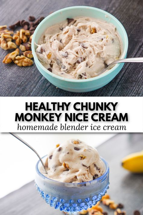 blue dish with healthy chunky monkey ice cream and a spoon Healthy Chunky Monkey Ice Cream, Chunky Monkey Ice Cream Recipes, Healthy Blender Ice Cream, Chunky Monkey Ninja Creami, Chunky Monkey Cottage Cheese Ice Cream, Ice Cream Maker Recipes Healthy, Banana Ice Cream Healthy, White Chocolate Banana, Chunky Monkey Ice Cream