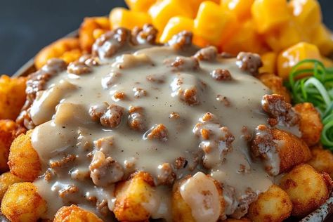 Tater Tot Breakfast Bowl with Sausage Gravy Recipe - recipestasteful Tater Tot Breakfast Bowl With Sausage Gravy, Sausage Gravy Tater Tot Casserole, Tater Tot Breakfast Bowl, Bacon Gravy, Sausage Gravy Recipe, Fluffy Scrambled Eggs, Tater Tot Breakfast, Gravy Ingredients, Productive Morning