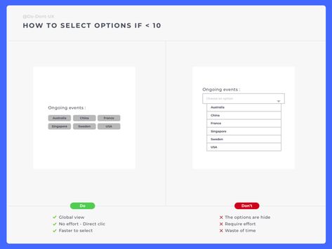 Do-Don'T How To Select Option dailyux dailyui do-dont form field selected select box bouton tag funnel tunnel label best practice ux designer form ux process button choose field select option Ux Tips, Ux Process, Ui Website, Ux Designer, Mobile Ui Design, App Design Inspiration, Application Design, Graphic Design Layouts, Mobile Web