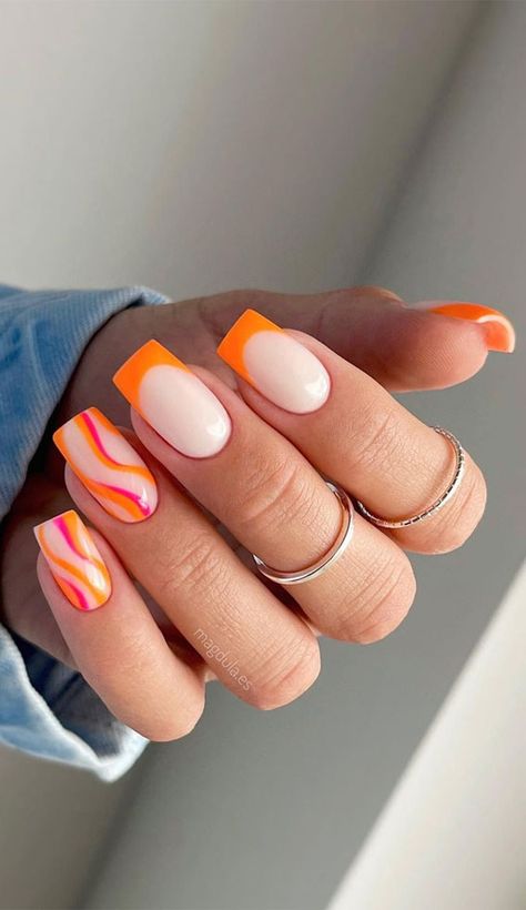 13. Orange French + Orange & Hot Pink Swirl With summer just around the corner, there couldn’t be a better time to treat our... Nail Art Orange, Neon Orange Nails, Orange Nail Art, Nails Orange, Orange Nail Designs, Orange Nail, Bright Summer Nails, Colorful Nail, October Nails