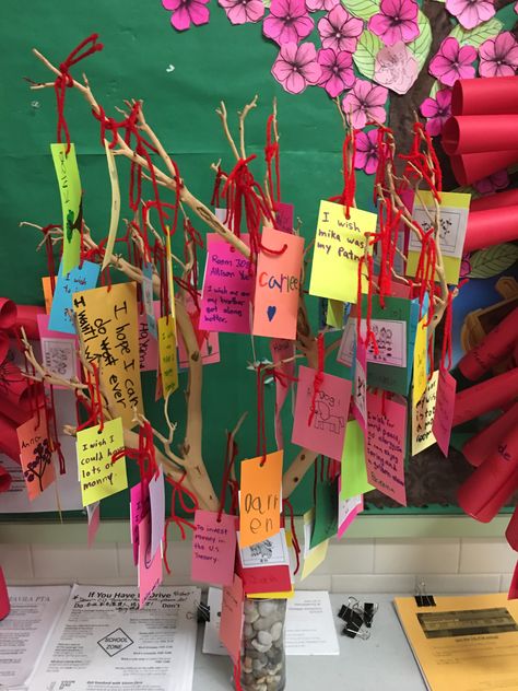 Wishing tree Chinese New Year Lunar New Year School Activities, Chinese New Year Classroom Decorations, Lunar New Year Classroom, Lunar New Year Decorations, Chinese New Year Preschool Activities, Chinese New Year Eyfs, Chinese New Year Display, Chineese New Year, Montessori Shelves