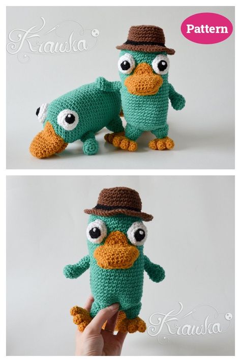 7 Amigurumi Platypus Crochet Patterns - Page 2 of 2 Perry The Platypus Crochet, Amigurumi Platypus, Platypus Crochet Pattern, Crochet Characters, Perry The Platypus, Stuffed Bunny, Knit Ideas, Crochet Keychain Pattern, Crochet Inspo