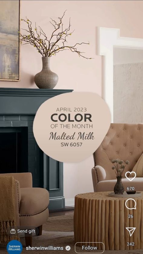 Malted Milk Sherwin Williams, Wall Color Texture, Wall Colour Texture, Small Room Inspo, Salon Makeover, Tan Living Room, Swiss House, Modern Paint Colors, Magnolia House