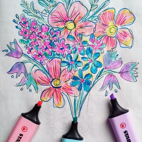 Highlighter Painting, Highlighter Sketch, Stabilo Boss Highlighters, Highlighter Art, Pastel Highlighter, Stabilo Boss, Original Pastel, Diy Crafts Paper Flowers, Easy Art