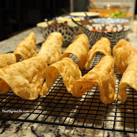 Crispy Flour Taco Shells, How To Fry Taco Shells, How To Fry Tortillas For Tacos, Fried Tortilla Shells, Air Fried Taco Shells, Fried Flour Tortillas Tacos, Fry Taco Shells, Tortilla Ideas, Homemade Taco Shells