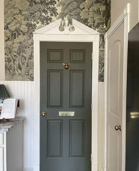 Dark Olive Door Dark Olive Paint Color, Dark Olive Paint, Olive Paint Color, Dark Front Door, Olive Paint, Benjamin Moore Exterior, Exterior Door Colors, Home Paint Color, Ice Storm