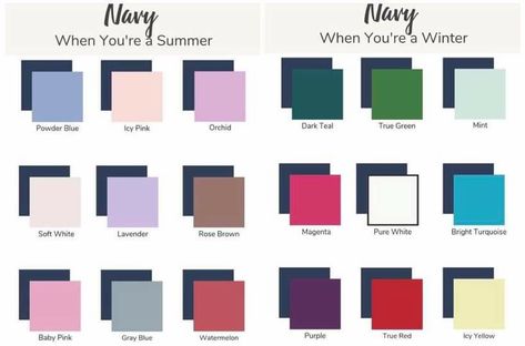 Color Combo With Navy Blue, Navy Color Combinations Outfits, Navy Blue Color Combinations Outfits, Deep Winter Palette Outfits, Color Analysis Summer, Summer Skin Tone, Soft Summer Palette, Analogous Color Scheme, Soft Summer Colors