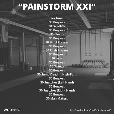 "PAINSTORM XXI" (aka: “BURPEE BEDLAM”) is 600 total reps, 300 of which are burpees. Use one pair of dumbbells throughout (the original description says choose your own weight, but a good Rx weight is 55/35 lb). The Painstorm WODs are a series of WODs named on CrossFit.com and the CrossFit forum. This one was first posted on January 2, 2007 - with credit to CrossFit Central Scotland. Painstorm Wods, Wods Crossfit, Crossfit Workouts Wod, Crossfit Workouts At Home, Crossfit At Home, Crossfit Wods, Wod Workout, Insanity Workout, Air Squats