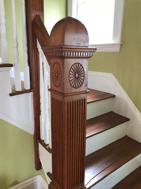 Victorian Newel Post Victorian Staircase, Homes Architecture, Antique Architecture, Staircase Railing, Staircase Railing Design, Handrail Design, House Staircase, Lamp Posts, Harbor House