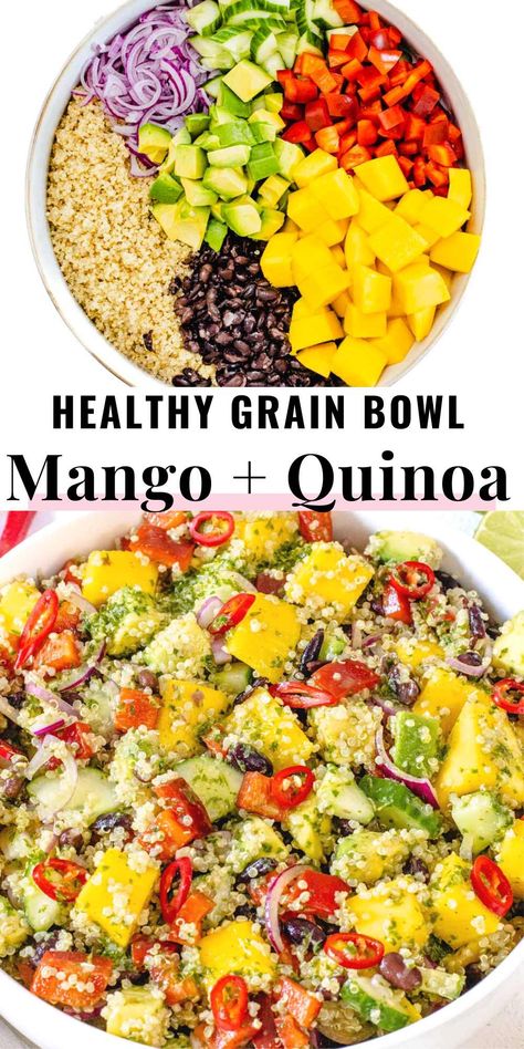 Black bean mango salad is a tasty and fulfilling meal with juicy mango, creamy avocado, crunchy bell peppers, nutty black beans, and nourishing quinoa.Seasoned with our beloved cilantro lime dressing, this Mexican-inspired salad is the perfect companion for barbecues, cookouts, and meal-prepping. Black Bean Mango Avocado Salad, Quinoa Mango Black Bean Salad, Mango Quinoa Salad, Mango Quinoa, Black Bean Salad Recipe, Cilantro Salad, Plant Based School, Healthy Beans, Tropical Food