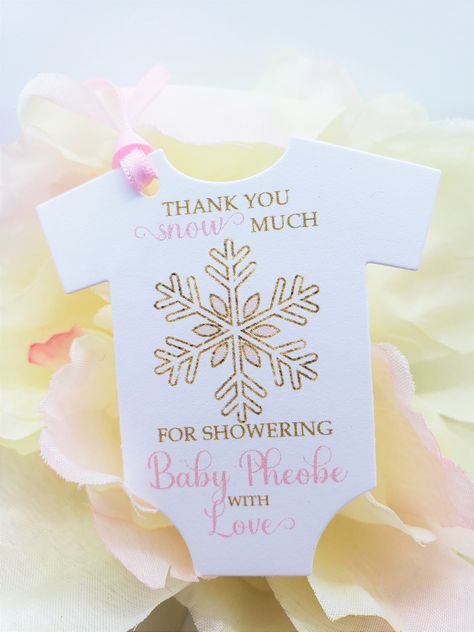 Thank You SNOW much! Perfect for a winter baby shower 💕 Tags measure 2.5 x 1.5 inches 💕 💕 No additional lines of text can be added 💕 🛑 The gold on the snowflake is NOT real glitter, it is regular ink **Tags are printed on quality 100lb matte cardstock **Ribbon is included **Ink colors are changeable - see photo's RIBBON COMES WRAPPED SEPARATELY, YOU WILL NEED TO ATTACH THE RIBBON TO YOUR TAGS 💕PRODUCTION TIME - Production time varies depending on our current workload and is PLUS shipping t Snowflake Favors, Champagne Favors, Winter Shower, Snowflake Baby Shower, December Baby, Engagement Party Favors, Outside Baby Showers, Baby Shower Tags, Events Ideas