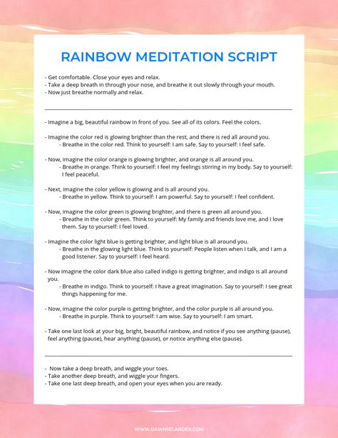 Use this Rainbow Meditation Script to help build inner strength and character. Guided imagery and colorful rainbows make it fun for kids. #teaching #parenting #preschool #guidedvisualization #meditation #rainbows #deepbreathing #characterbuilding  #innerstrength Meditation For Kids, Meditation Kids, Guided Meditation Scripts, Visualization Meditation, Meditation Scripts, Guided Imagery, Guided Visualization, Yoga Mindfulness, Counseling Activities