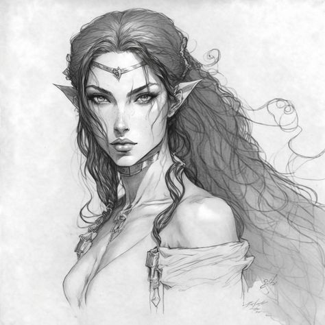 Black Haired Elf, Female Elf Warrior, Black Brotherhood, Elf Tattoo, Elven Woman, Elf Drawings, Dnd Elves, Elf Face, Queen Drawing