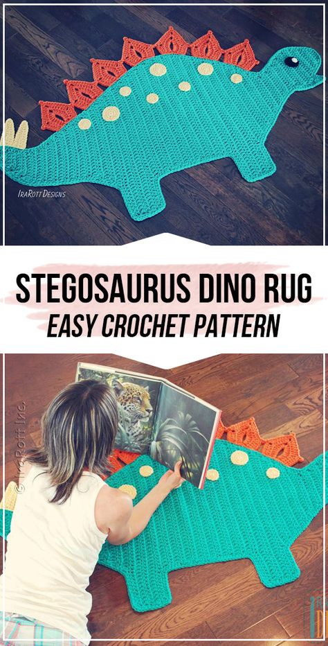 crochet Stegosaurus Dino Rug pattern      #Rug  #crochet#crocehtpattern via @shareapattern.com Crochet Kids Rugs Free Pattern, Free Crochet Rug Patterns For Kids, Crochet Dinosaur Rug Free Pattern, Dinosaur Blanket Crochet Pattern, Crochet Dinosaur Baby Blanket, Crochet Animal Rug, Crochet Projects For Boys, Dinosaur Crochet Blanket, Dinosaur Blanket Crochet