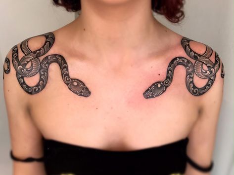 Snakes On Chest Tattoo, Snake Tattoo On Chest Female, Snake Collar Tattoo, Snakes On Collar Bone Tattoo, Snake Throat Tattoo, Snake Clavicle Tattoo, Snake Chest Tattoo Female, Collar Bone Snake Tattoo, Chest Snake Tattoo