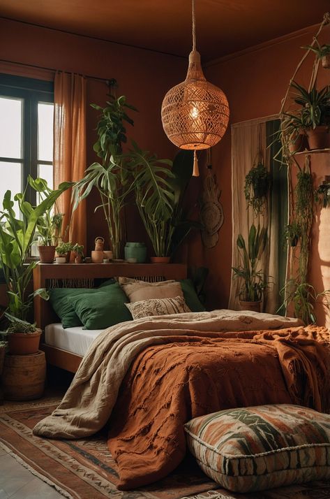 #maximalistdecor #interiordesign #homedecor #decorideas #transformyourspace #colorfulhome #bohemianstyle #eclecticdecor #designinspiration #boredpanda Terra Cotta Green Bedroom, Woodsy Aesthetic Room, Brown And Green Room Bedrooms, Green Plants Aesthetic Bedroom, Earthy Vibes Bedroom, Earth Tone Room Decor, Terracotta Color Bedroom, Dark Green Earthy Bedroom, Earth Green Bedroom