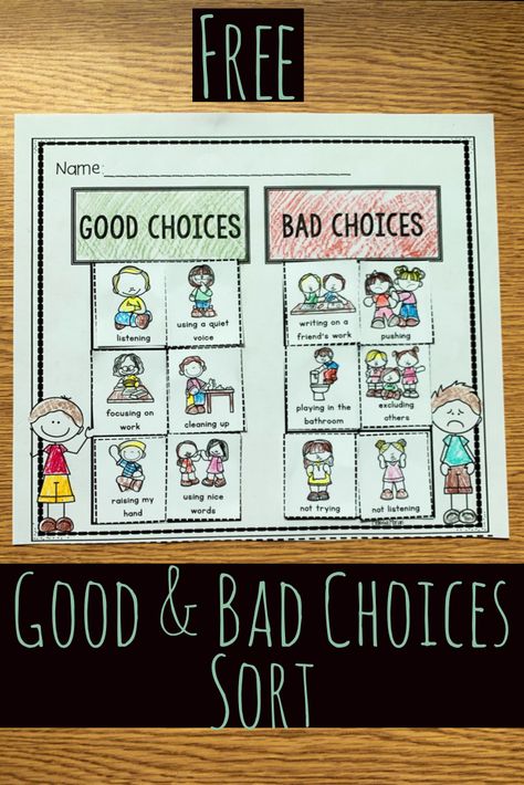 Free good and bad choices student sort. Perfect way to introduce classroom expectations in a kindergarten or first grade classroom at the beginning of the year. Rules Kindergarten Activities, Kindergarten Consequences Chart, Kindergarten Rules And Expectations, Good And Bad Choices Preschool, Classroom Expectations Activities, Teaching Classroom Expectations, Actions And Consequences Activities, Good Choices Bad Choices Free Printable, Rules Kindergarten