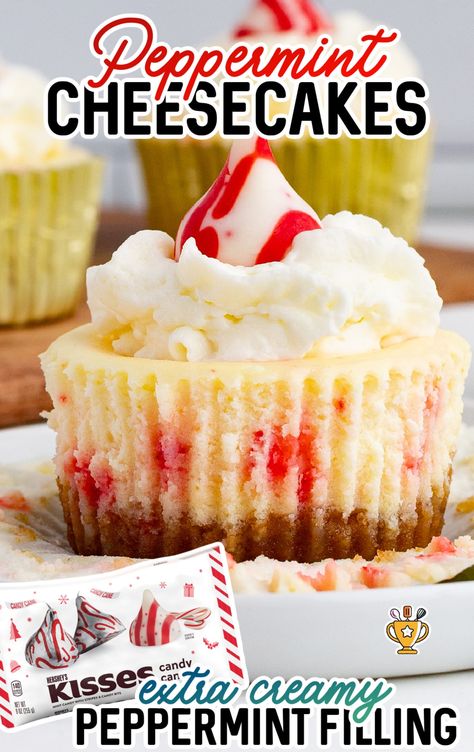 Make these mini peppermint cheesecakes for a festive, minty holiday treat! Quick, creamy, and topped with crushed candy canes. Candy Cane Cheesecake, Christmas Cheesecake Recipes, Mint Cheesecake, Christmas Cheesecake, Peppermint Cheesecake, Peppermint Brownies, Fluff Desserts, Peppermint Candy Cane, Classic Cheesecake