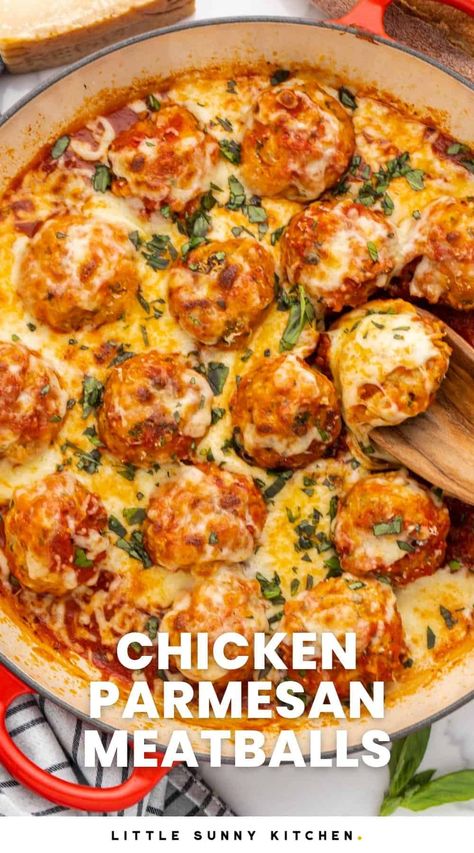 Chicken Parmesan Meatballs are easy to make with ground chicken, simmered in a flavorful tomato sauce and topped with melty mozzarella cheese. Chicken Meatball Parmesan Bake, Mozzarella Chicken Meatballs, Ground Chicken Mozzarella Recipes, Optavia Chicken Meatballs, Italian Chicken Meatballs Pioneer Woman, Healthy Family Friendly Recipes, Chicken Parm Meatball Skillet, Ground Chicken Instapot Recipes, Chicken Recept Healthy