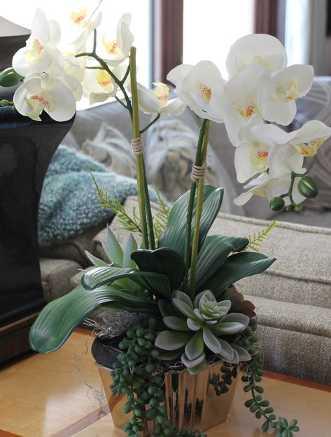 Orchid and Succulent Floral Orchids And Succulents Arrangements, Orchid Plants Centerpiece, Orchid In Bowl, Large Dough Bowl With Orchids, Target 2022, Faux Orchid Arrangements Home Decor, Orchid Flower Arrangements, Orchid Planters, Orchid Centerpieces