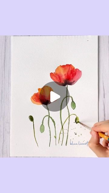 How To Paint A Poppy Watercolor, Easy Watercolor Poppies, Watercolour Poppies Watercolor Tutorials, Poppy Watercolour Painting, Watercolour Poppy Tutorial, Watercolor Poppies Tutorial, Watercolour Cards Ideas, Painting Ideas Watercolor, Aquarel Art