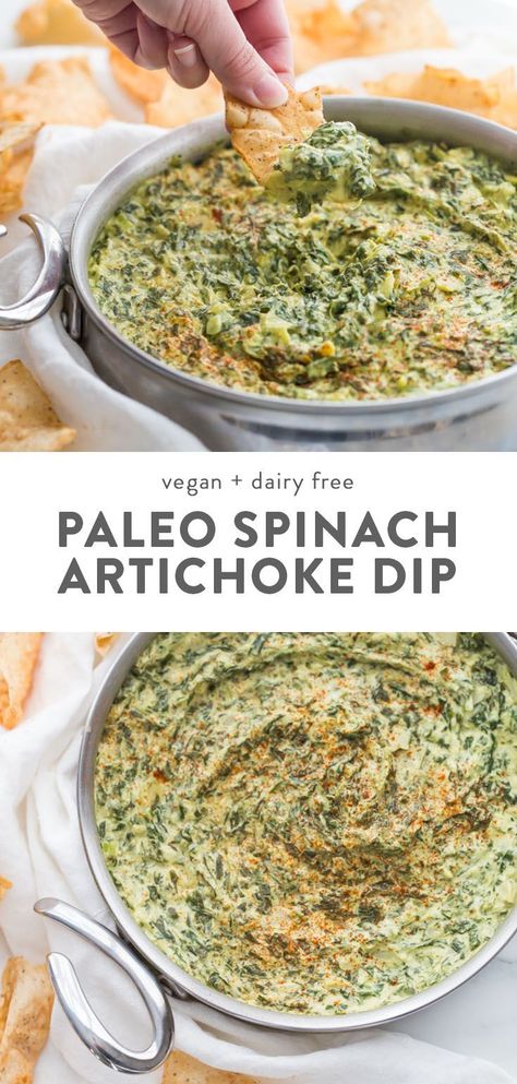 Paleo Tortilla Chips, Vegan Spinach Artichoke Dip, Dairy Free Bread, Paleo Menu, Paleo Appetizers, Vegan Spinach, Delicious Paleo Recipes, Paleo Cookbook, Dairy Free Snacks