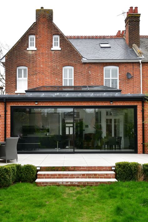 Outside Extension Ideas, Single Storey Rear Extension Flat Roof Lantern, Black Roof Lantern, One Storey Extension, Flat Roof With Lantern, Roof Lantern Extension, Traditional English Home, Lantern Roof Extension, Large Glass Sliding Doors