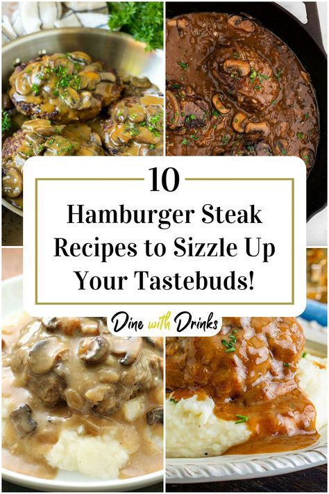 Collage of 4 hamburger steak recipes. Ideas For Hamburger Patties, Recipe With Hamburger Patties, Recipes Using Burger Patties, Recipes With Burger Patties, Hamburger Patty Ideas, Recipes With Hamburger Patties, Best Hamburger Steak, Chopped Steak Recipes, Frozen Burger Patties