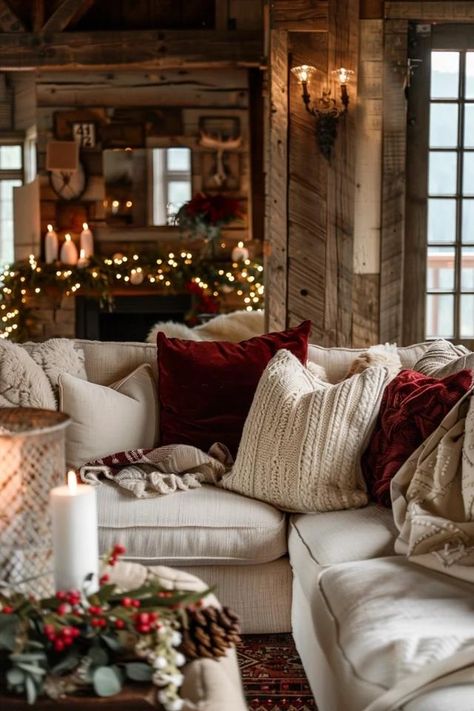 Rustic Christmas Theme Color Palettes to Try Christmas Decoration Living Room Ideas, Cabin Chic Christmas Decor, Christmas Chalet Decoration, Cozy Rustic Christmas Decor, Rustic Christmas Tree Decorations Ideas, Christmas Decorating Inspiration, Christmas Decor Color Palette, Cozy Traditional Christmas Aesthetic, White Christmas House Decor