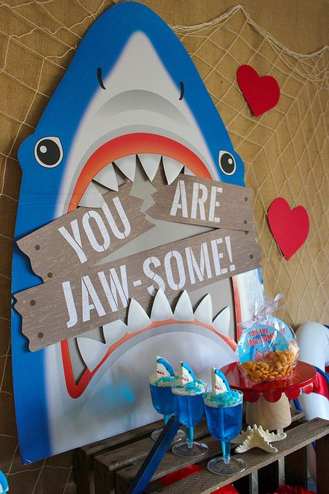 You Are Jaw-some Valentine’s Day Party Shark Photo Prop, Shark Themed Birthday, Shark Week Party, Shark Party Decorations, Shark Themed Party, Ocean Birthday Party, Shark Themed Birthday Party, Ocean Birthday, Pool Party Decorations