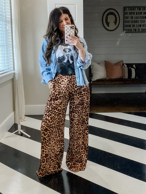 Women's Tupac Short Sleeve Graphic … curated on LTK Graphic T Outfit Winter, Satin Leopard Pants Outfit, Wide Leg Leopard Jeans Outfit, Cheetah Shirt Outfit, Cheetah Jeans Outfit, Cheetah Print Pants Outfit, Cheetah Pants Outfit, Leopard Outfit Ideas, Print Pants Outfit