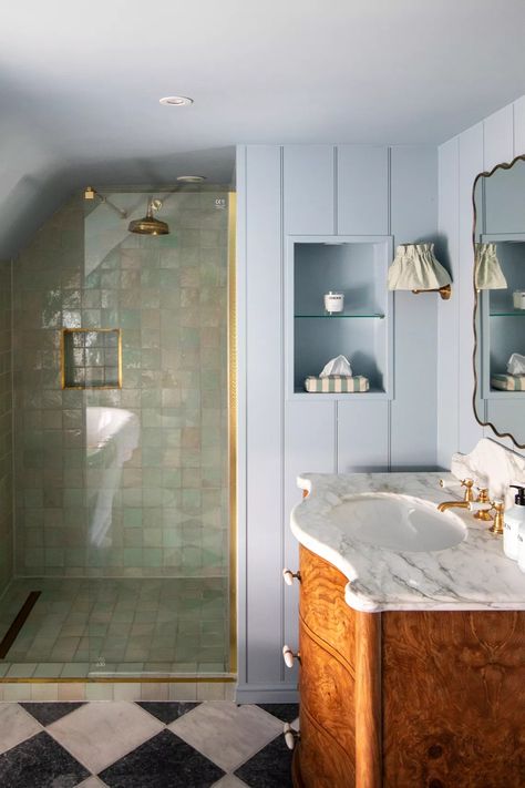 Meet The Interior Designer: Cat Earp | SheerLuxe Pale Blue Bathroom, Parma Gray, Shepherd Huts, Blue Bathroom, Family Bathroom, Bath Room, Bathroom Renos, The Shepherd, Bathroom Decor Ideas