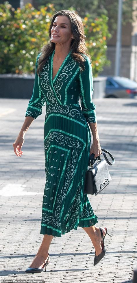 The monarch commanded attention in the elegant Sandro number which she first debuted in 2018, and has since gone on to wear many times Printed Green Dress, Recycled Outfits, Dress Queen, World Mental Health Day, Black Polka Dot Dress, Letizia Of Spain, Mental Health Day, European Royalty, Health Day