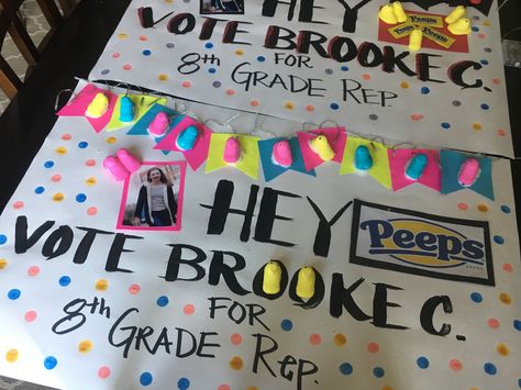 This is a campaign poster I made one year using a peeps theme. The neon colors and 3D materials definitely made it pop. Dont Be A Sucker Campaign, School Council, Emma Claire, Candy Bar Posters, Student Government, Candy Theme, Campaign Posters, Student Council, Neon Colors