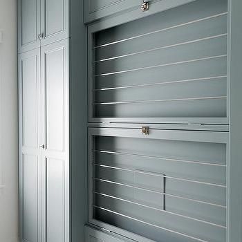 Blue Laundry Room Cabinets with Black and White Cement Floor Tiles - Transitional - Laundry Room Shaker Style Laundry Room, Blue Laundry Room, White Farm Sink, Laundry Room Drying Rack, Transitional Laundry Room, Grey Laundry Rooms, Blue Laundry Rooms, Blue Shelves, White Laundry Rooms