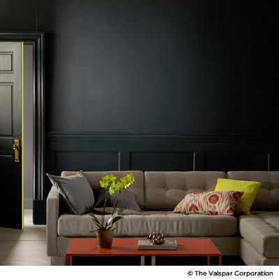 Make a powerful statement with dark walls and modern accents. Walls in Valspar Nocturnal Green 5011-1. www.loveyourcolor.com. Nocturnal Green Valspar, Valspar Nocturnal Green, Paint Visualizer, Green Painted Walls, Dark Green Walls, Dark Walls, Room Paint, Cabins In The Woods, Interior Paint