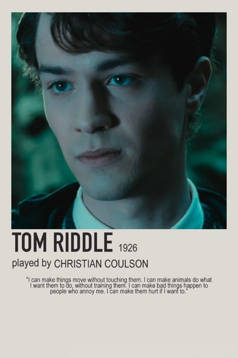 Character Polaroid, Tom Riddle's Diary, Christian Coulson, Young Tom Riddle, Minimalist Character, Harry Potter Cards, Old Posters, Mattheo Riddle, Harry Potter Poster