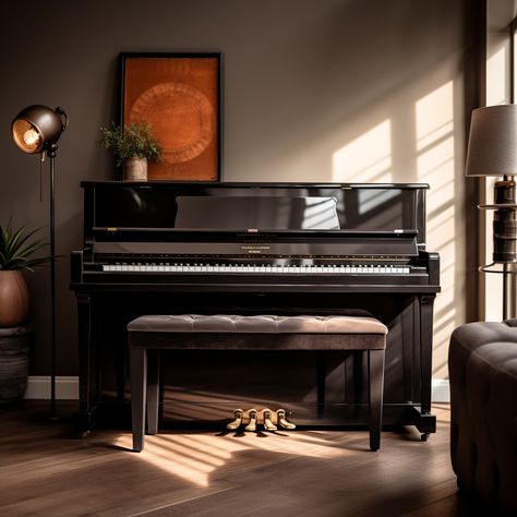 upright piano Upright Piano Dining Room, Stand Up Piano, Piano Home, Instruments Piano, Classical Interior, Black Piano, Studio Apt, Upright Piano, Cosy Living