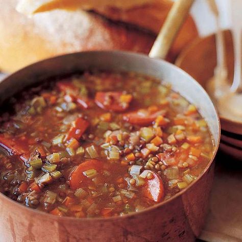 Lentil Sausage Soup (updated) - Barefoot Contessa Lentil And Kielbasa Soup, Lentil And Sausage Soup, Puff Pastry Dinner, Lentil Sausage, Lentil Sausage Soup, Best Ina Garten Recipes, Barefoot Contessa Recipes, Perfect Roast Chicken, Ina Garten Recipes