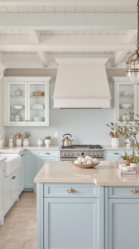 Coastal Kitchen Designs Coastal Kitchen Aesthetic, Beach Home Renovation, Beach Bungalow Kitchen Ideas, Small Coastal Kitchen Apartment, Beach House Remodeling Ideas, Coastal Kitchen Tiles, Beach Inspired Kitchen Coastal Style, Coastal Kitchen Blue Backsplash, Coastal Kitchen White Cabinets