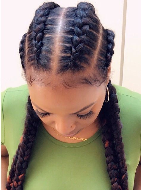 Four Cornrows, Big Cornrow Braids, Cornrows With Extensions, Two Cornrow Braids, Cornrows With Weave, 4 Braids Hairstyle, Baddie Hair, Cornrow Ponytail, 4 Braids