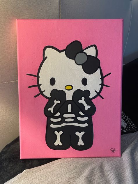 Sanrio Emo Canvas Painting, Easy Coraline Painting, Hello Kitty Painting Canvases, Hello Kitty Canvas Painting, Halloween Paintings On Canvas Easy, Painting Ideas On Canvas Halloween, Hello Kitty Painting Ideas, Halloween Painting Ideas On Canvas, Disney Painting