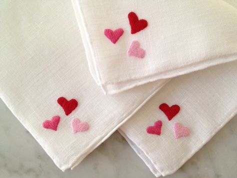 Julia B. Hand embroidered Love Handkerchiefs for Valentines Day Embroidery Designs In Handkerchief, Heart Hand Embroidery, Handkerchief Embroidery For Boyfriend, Love Embroidery Ideas, Hanky Embroidery Design, Valentines Sewing Projects, Diy Handkerchief, Hand Kerchief, Hand Embroidered Handkerchief