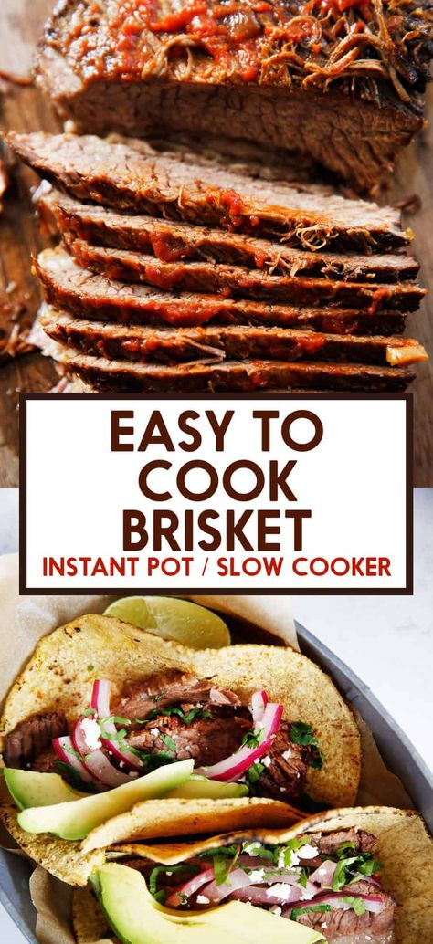 Sweet and tangy, this Slow Cooker Brisket is a classic! Its largely hands-off cooking makes this a breeze to put together. It's perfect as a holiday centerpiece, in tacos, as a hash, and so many other ways! We also share how to make it in the Instant Pot, too! Pressure Canning Beef Brisket, Pressure Cooker Brisket, Instant Pot Beef Brisket, Instant Pot Brisket, Brisket Smoked, How To Cook Brisket, Slow Cooker Brisket, Homemade Bbq Sauce, Brisket Recipe