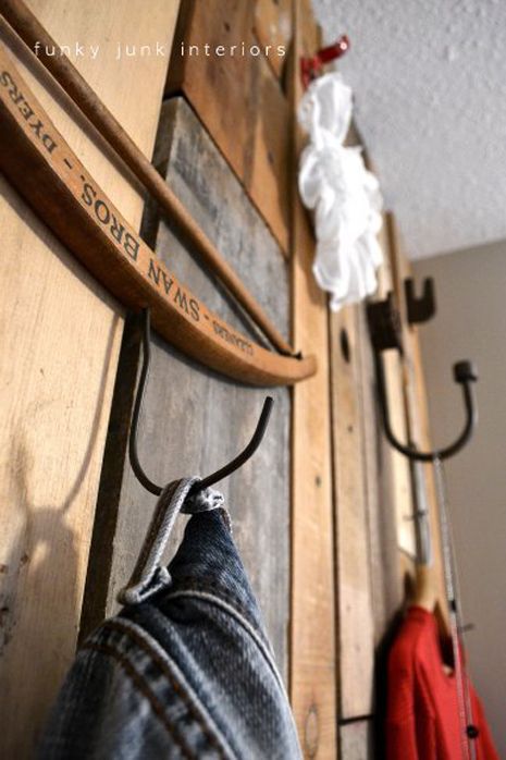 Love this  Pallet wood wardrobe wall via Funky Junk Interiors Wardrobe Wall, Vintage Hangers, Funky Junk Interiors, Reclaimed Wood Projects, Wall Closet, Reclaimed Lumber, Wood Hangers, Funky Junk, Hanger Hooks