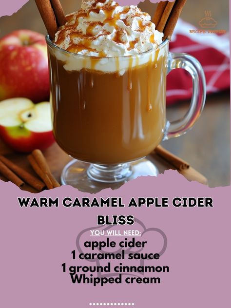 🍂 Fall in love with the cozy flavors of Warm Caramel Apple Cider Bliss! 🍎🍁 Perfect for chilly evenings. Warm Caramel Apple Cider Bliss Ingredients: - 4 cups apple cider (946 ml) - 1/2 cup caramel sauce (120 ml) - 1/2 tsp ground cinnamon (2.5 ml) - Whipped cream - Cinnamon sticks - Sliced apples Instructions: 1. In a pot, heat apple cider until warm. 2. Stir in caramel sauce and ground cinnamon until well combined. 3. Pour into mugs and top with whipped cream. 4. Garnish with cinnamon stick... Caramel Apple Punch, Apple Cider Hot Toddy, Apple Punch, Caramel Apple Cider, Apple Chai, Apple Cider Drink, Fall Drink Recipes, Bon Fire, Sliced Apples