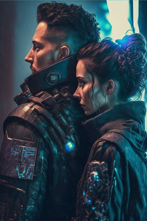 Cyberpunk Couple Art, Cyberpunk Romance, Scifi Character Design, Future Retro, Scifi Romance, Dystopian Future, Romance Art, Cyberpunk Fashion, Neo Noir