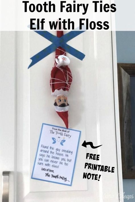 What happens when your kid loses a tooth during the time of year when the Elf on the Shelf visits your house? The Tooth Fairy just might run into the elf overnight and she just might not believe the elf. She might have to tie him up with some tooth floss, just in case! Set up this hilarious easy elf scene in minutes and use our free printable note to explain why the elf is tied up! #toothfairy #elfontheshelf #elfideas #printable #mamacheaps Elf On The Shelf Floss Ideas, Believable Elf On The Shelf, Elf And Toothfairy Ideas, Elf Tooth Fairy, Elf On The Shelf And Tooth Fairy Ideas, Elf On The Shelf And Tooth Fairy, Tooth Fairy And Elf On The Shelf, Tooth Fairy Elf On The Shelf, Boy And Girl Elf On The Shelf Ideas